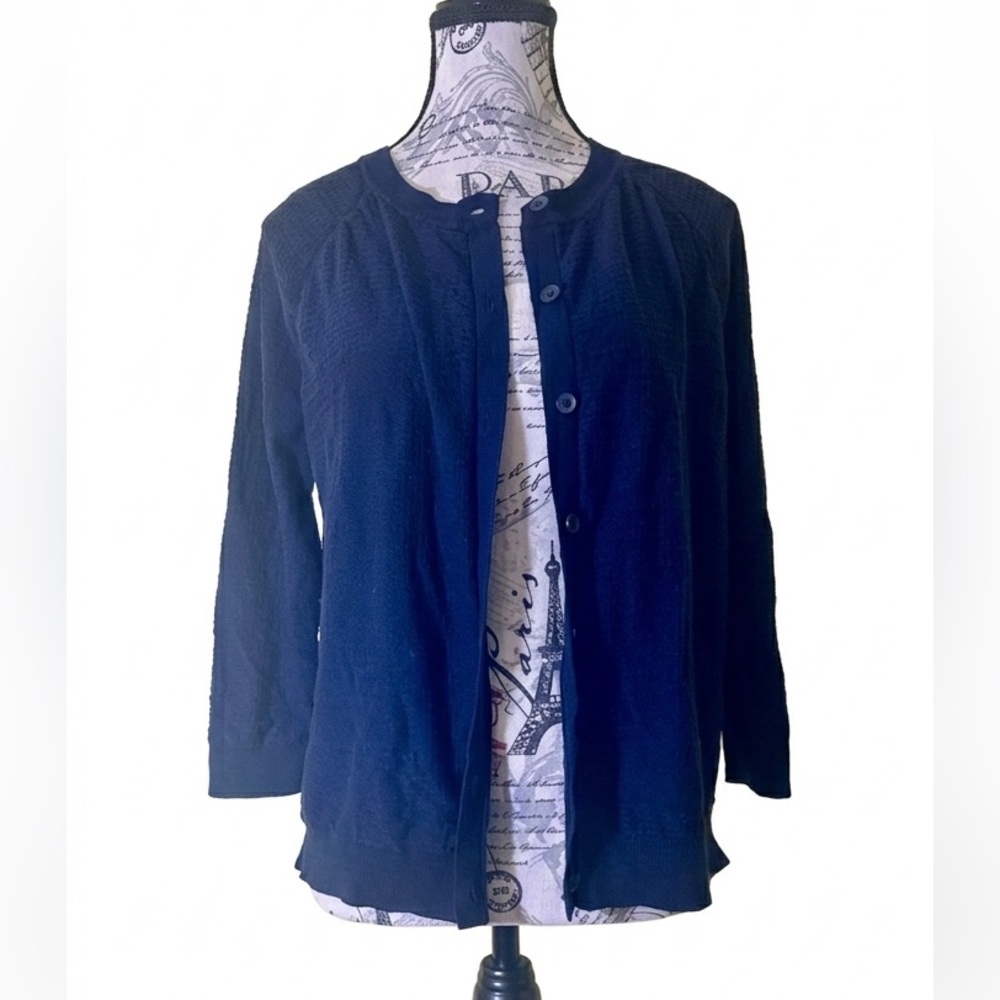 LOFT 3/4 Sleeve Cotton Knit Cardigan, Dark Navy Blue, Large - Picture 2 of 7